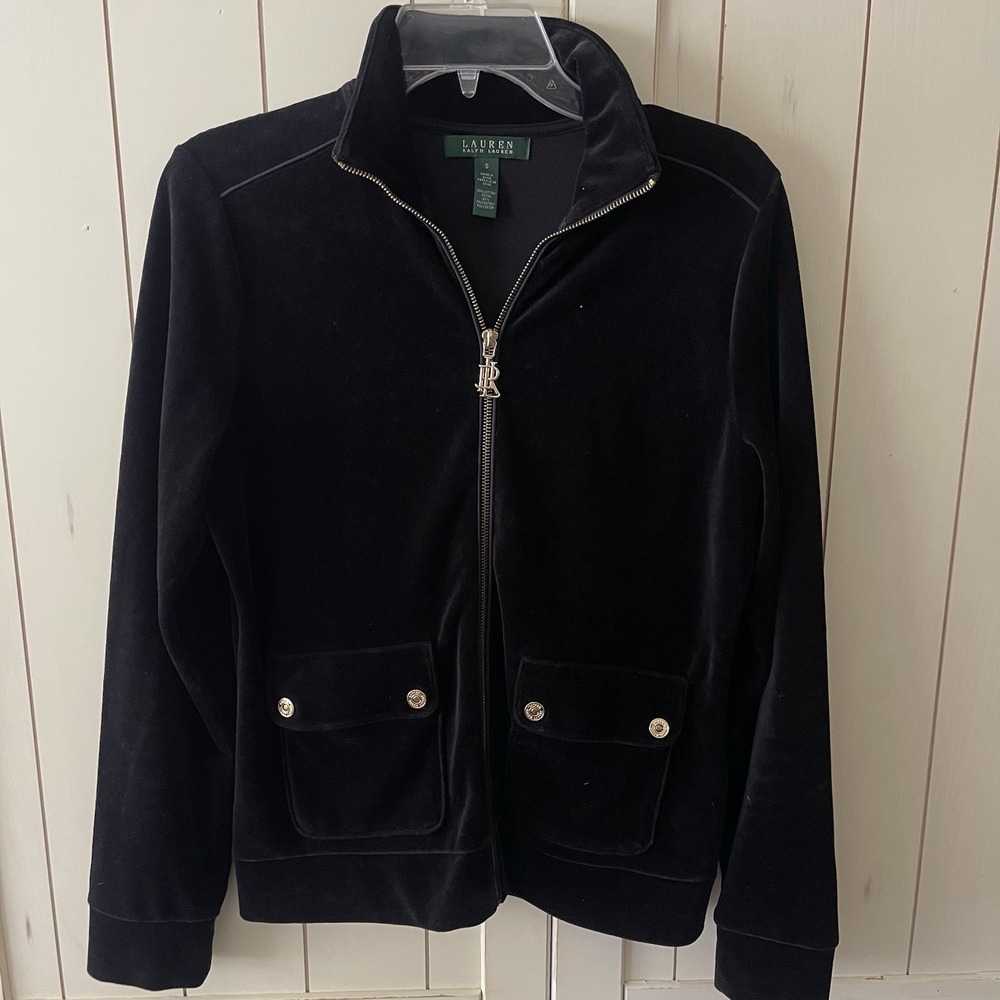 Ralph Lauren Jacket Women's Sz S Track Velour Black Gold Zipper Preppy  Y2K